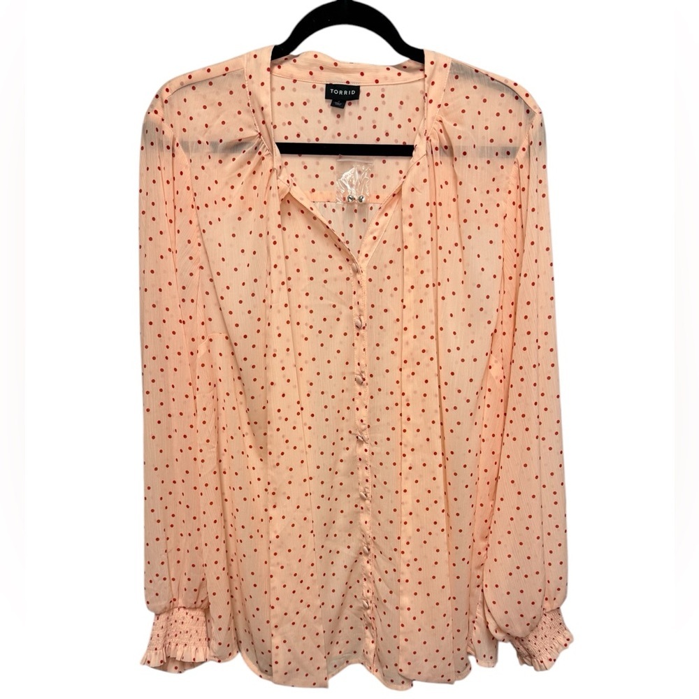 torrid Pink Polka Dot Tie-Neck Blouse with Red Dots - Picture 6 of 14
